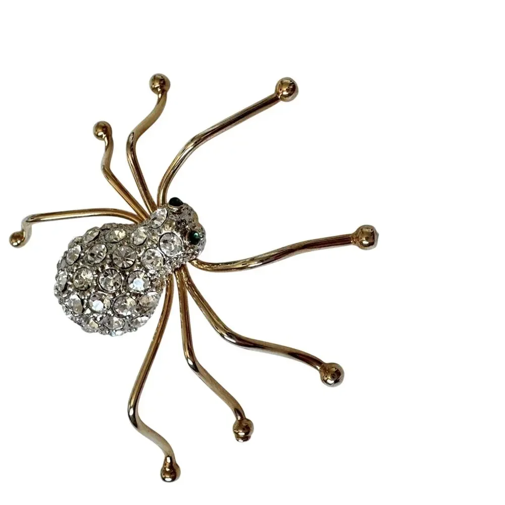 Vintage Gold Tone Rhinestone Spider Brooch Pin Womens Estate Jewelry